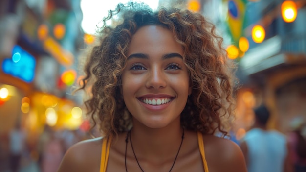 Cheerful girl from brazil with brazilian flag colors city background