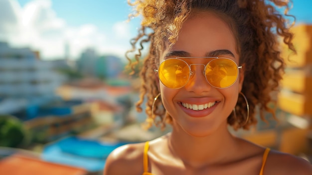 Cheerful girl from brazil with brazilian flag colors city background