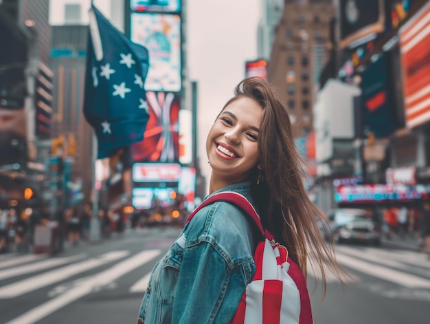 Cheerful girl from USA with american flag colors city background