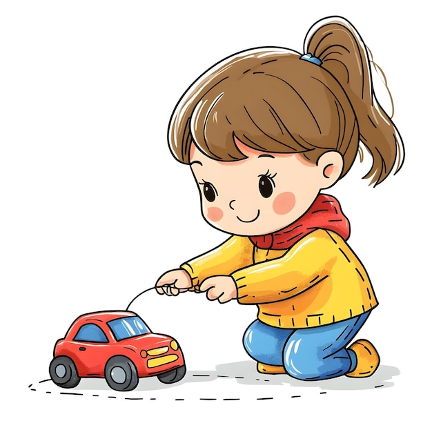 Cheerful Girl Playing with Toy Car in Colorful Cartoon