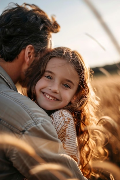 A Cheerful girl smiling and embracing anonymous father