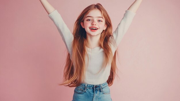 Photo a cheerful girl with long hair poses joyfully against a pink background