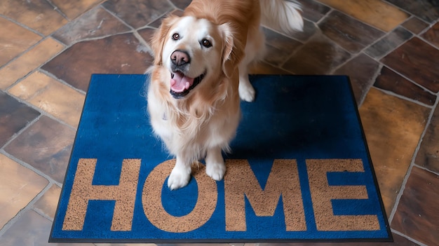 A cheerful golden retriever stands on a Home doormat welcoming guests at the doorway