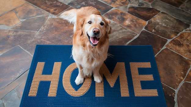 A cheerful golden retriever stands on a Home doormat welcoming guests at the doorway