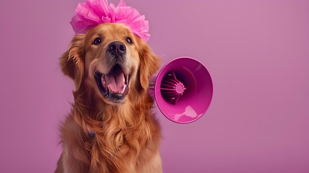 Photo cheerful golden retriever wearing cheerleader bow and megaphone on vivid lilac background