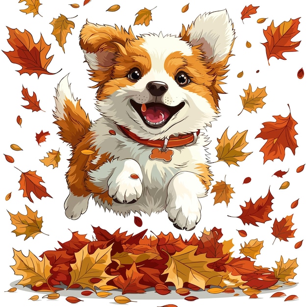 A cheerful graphic of a dog jumping into a pile of autumn leaves celebrating the changing seasons f