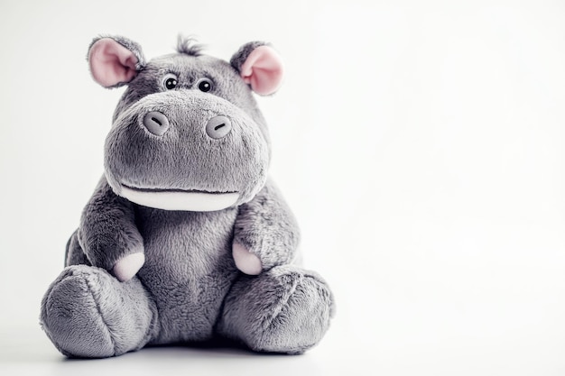 A cheerful gray hippo plush toy sits patiently on a white surface in soft morning light