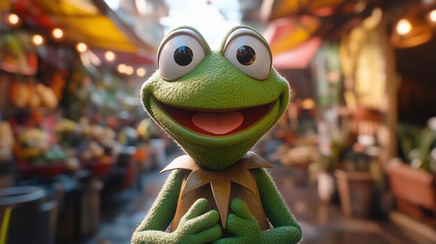 Photo cheerful green frog character in a colorful market scene