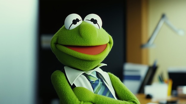 A Cheerful Green Puppet in an Office Filled with Creativity and Joy