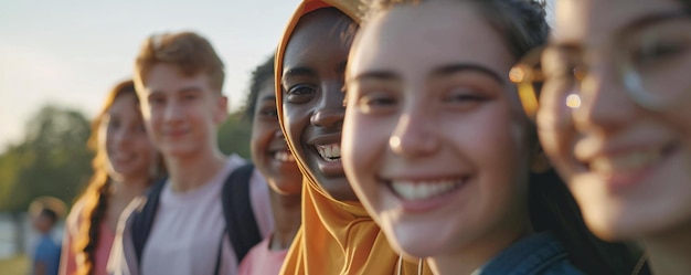 Photo cheerful group of multiethnic teenagers is smiling outside