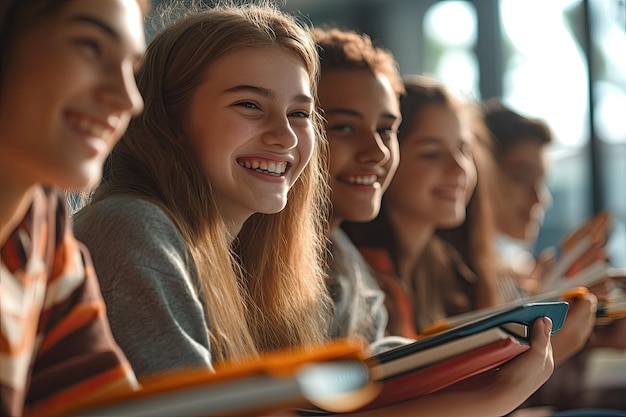 Cheerful group of young students sitting and studying