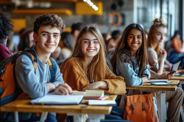 Cheerful group of young students sitting and studying