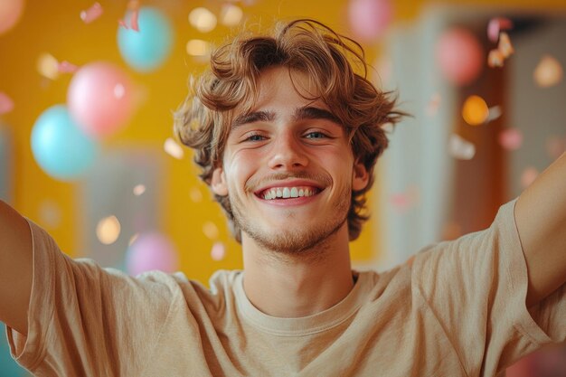 Photo cheerful guy with wavy hairstyle in khaki tshirt dancing at summer party on yellow background