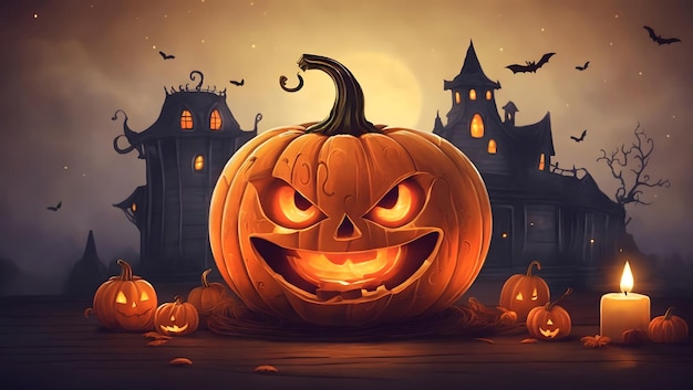 A cheerful Halloween pumpkin with a toothy smile and a glowing jackolantern face illustration