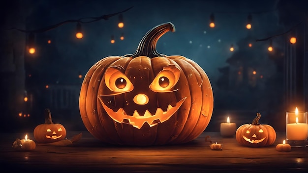 A cheerful Halloween pumpkin with a toothy smile and a glowing jackolantern face illustration