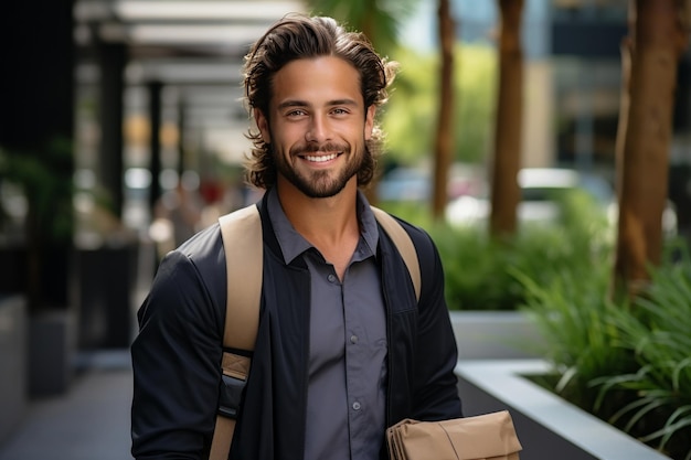 A cheerful handsome young guy with a beard a courier holds a paper bag in his hands and smiles at