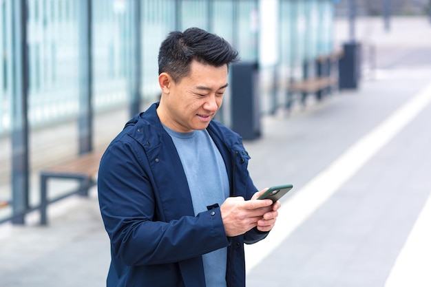 Cheerful and happy asian using phone smiling and looking at camera near airport businessman on tourist trip