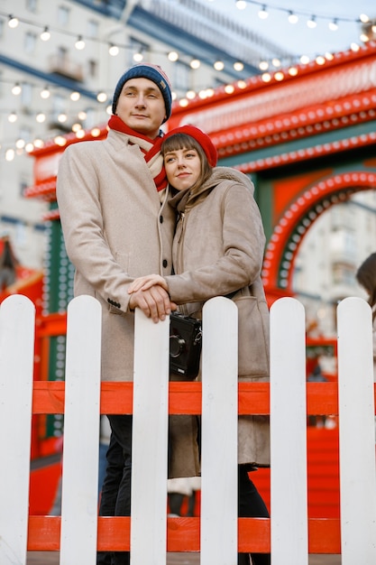 Cheerful happy and beautiful caucasian couple having date together outdoors