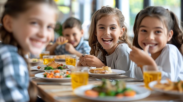 Photo cheerful happy cute funny students kids eat in school cafeteria dining room canteen childhood boy and girl education fruits and vegetables