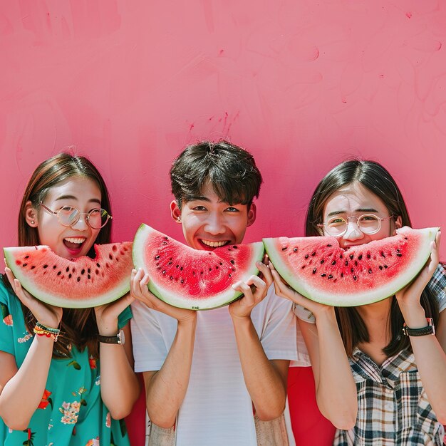 Photo cheerful happy friends camping at the beach eating watermelon