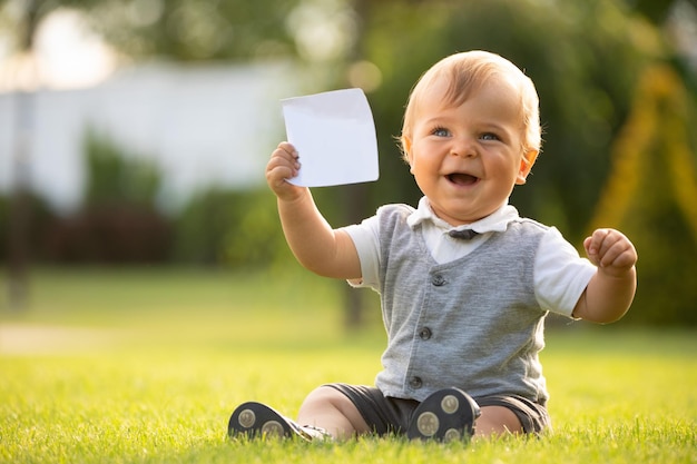 A cheerful and happy little boy is sitting on a green lawn