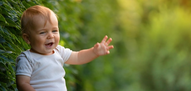 A cheerful and happy little boy is sitting on a green lawn