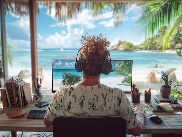 Cheerful and happy man working on computer laptop technology Work from anywhere concepts