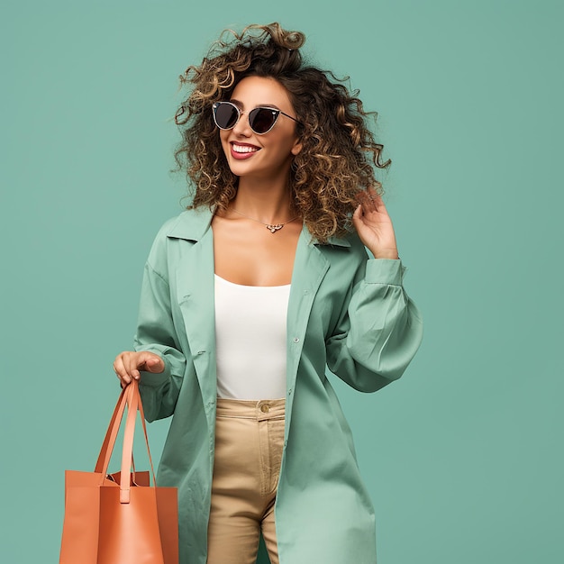 Cheerful happy woman enjoying shopping in plain sea green background