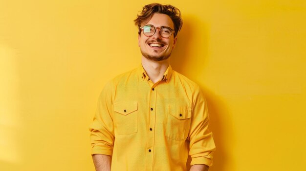 Cheerful happy young man posing isolated on bright yellow background