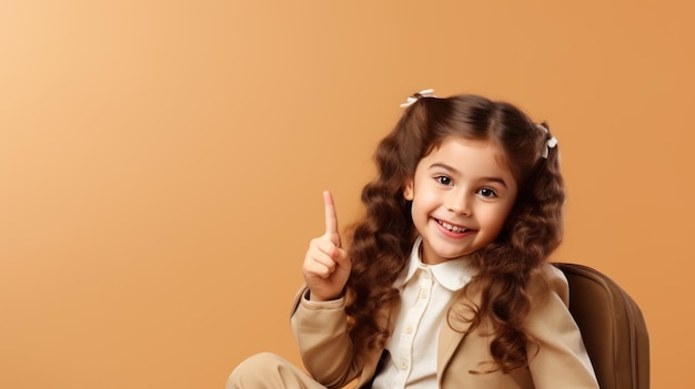 Cheerful happy young small schoolgirl points up with her index finger and standing in front of isolated pale orange backgroundCreated with Generative AI technology