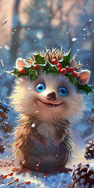 Cheerful Hedgehog Wearing a Holly Wreath in a Snowy Forest