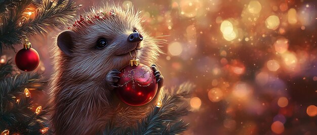 Photo cheerful hedgehog with christmas ornament