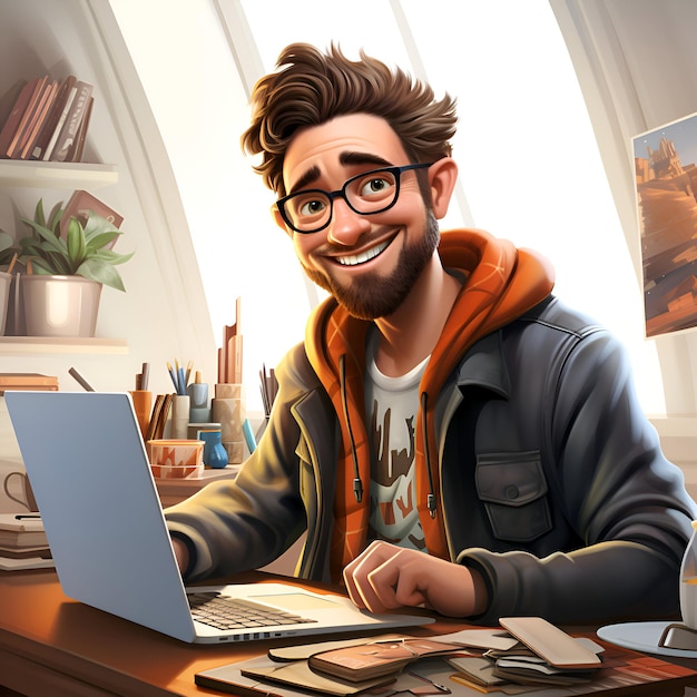 Cheerful hipster man working on laptop computer at home