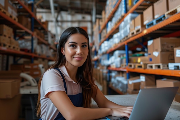 Cheerful hispanic young woman warehouse worker sitting at desk with her laptop looking