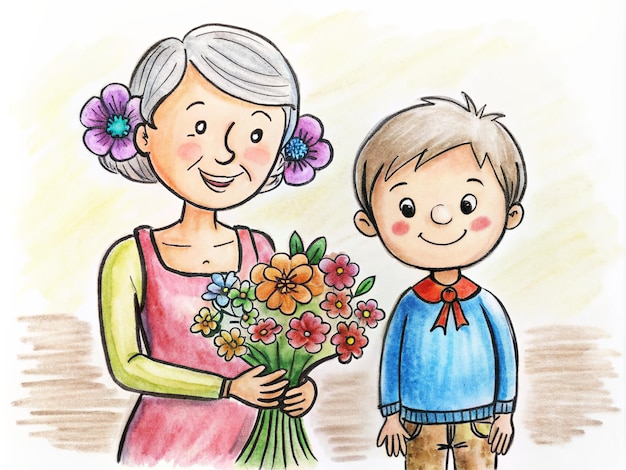 Photo cheerful illustration of a grandson giving flowers to his grandmother symbolizing love and care