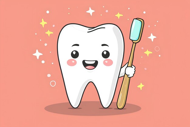 A cheerful illustration of a happy white tooth being cleaned with a brush emphasizing the concept