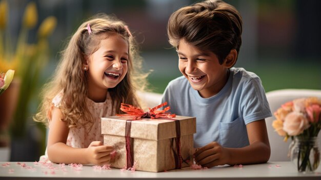 Cheerful Indian brother and sister exchanging gift box during raksha bandhan festival