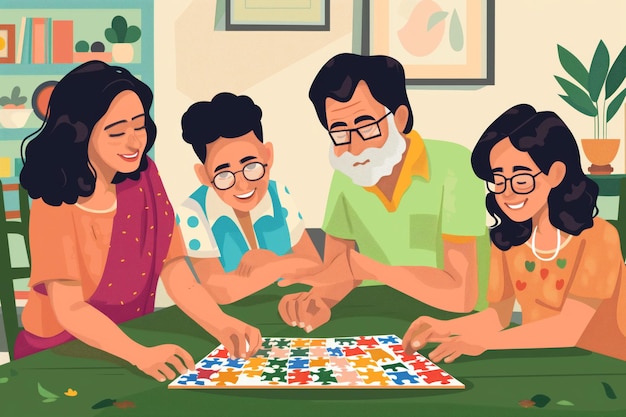 Cheerful Indian family is bonding over a jigsaw puzzle in a cozy home setting