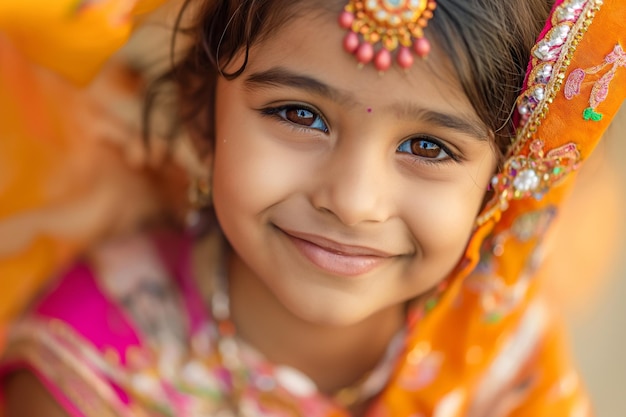 Cheerful Indian girl standing at home office looking at camera