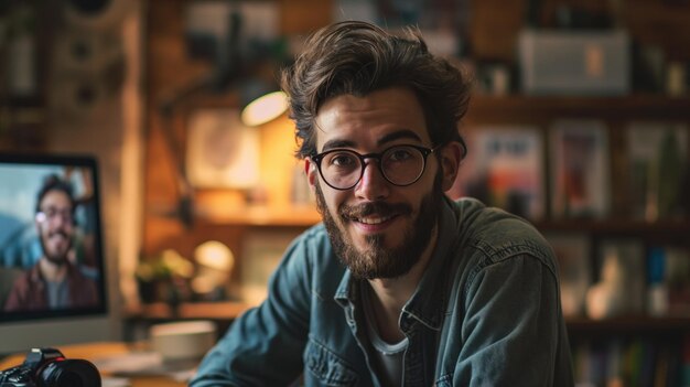 Cheerful influencer and blogger with beard and glasses or vlogger at work broadcasting from home