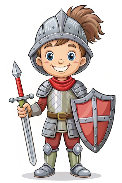 Photo cheerful kid in knights armor and helmet smiling