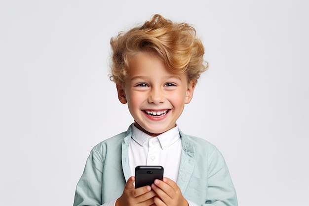 Photo cheerful kid using phone laughing portrait smile