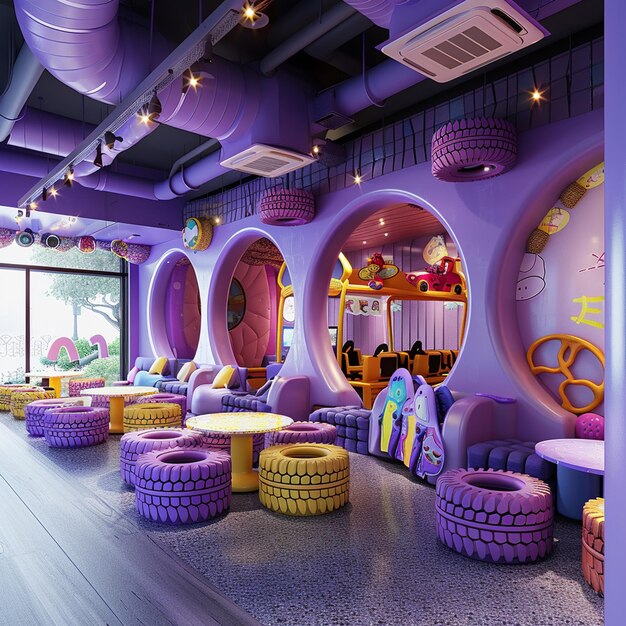 Photo cheerful kids cafe purple theme with colorful tires and exciting rides