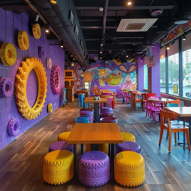 Photo cheerful kids cafe purple theme with colorful tires and exciting rides