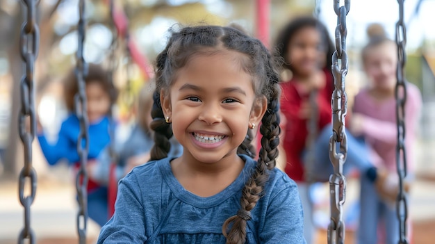 Cheerful kids playing on a school playground with swings and slides with room for text