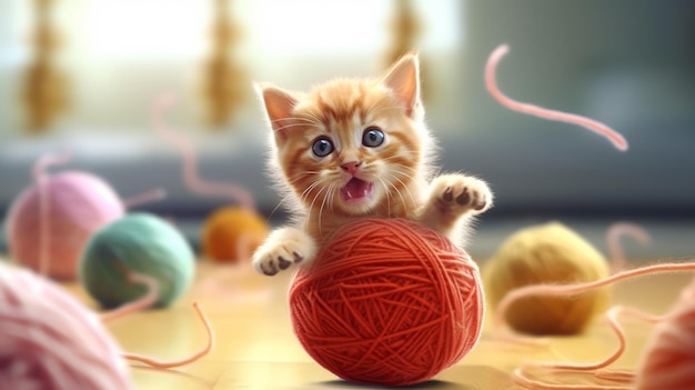 A cheerful kitten batting at a ball of yarn AI generated