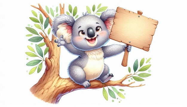 Photo a cheerful koala sits on a tree branch holding a blank wooden sign this whimsical watercolor