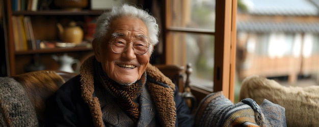 Cheerful korean elderly man in glasses relaxing at home