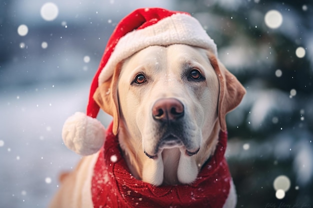 Cheerful Labrador in santa hat against winter snow background outdoor Generative AI