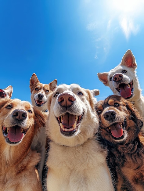 Photo a cheerful lineup of dogs with wagging tails in front of a bright blue sky